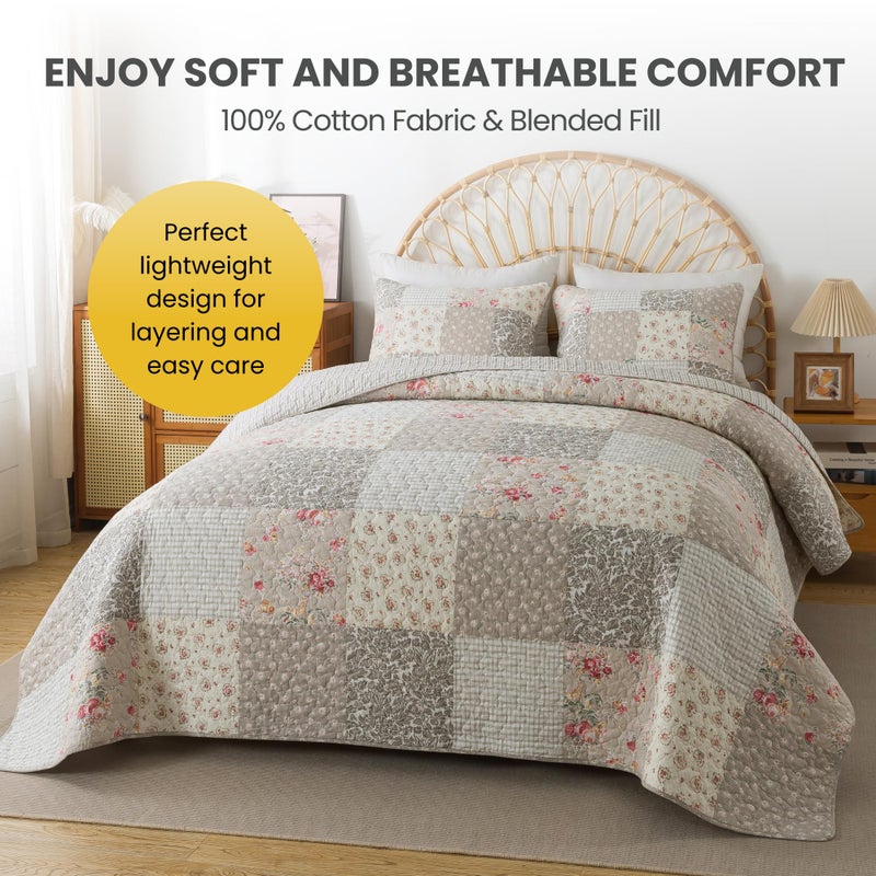 SLPR Walk in The Cotswolds Patchwork Cotton Pieced Quilt Set - King Size with 2 Shams, Neutral Floral & Cream Cottage Quilted Bedspread, French Country Farmhouse Bedding for All Seasons - Image 3